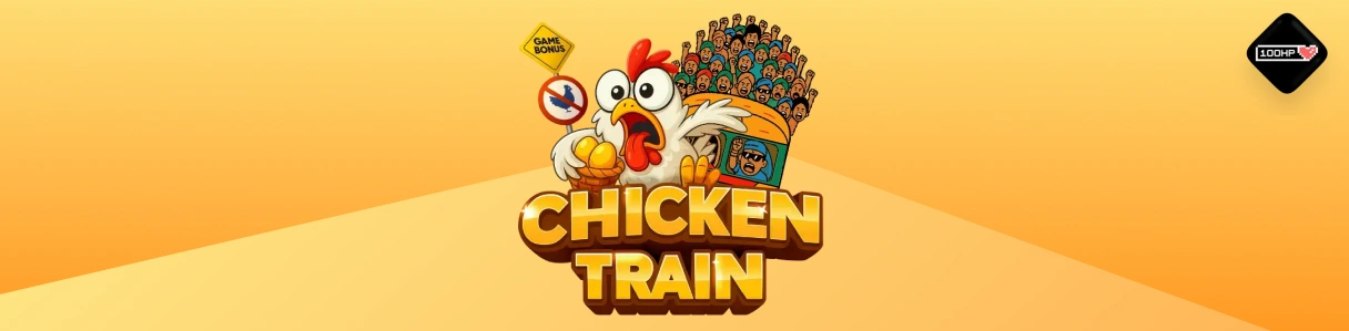 Szeroki baner z napisem Chicken Train Slot.